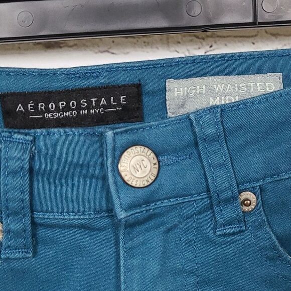 Aeropostale High Waisted Midi Shorts Teal Size 00 Stretch Pockets Cuffed Casual - Picture 2 of 5